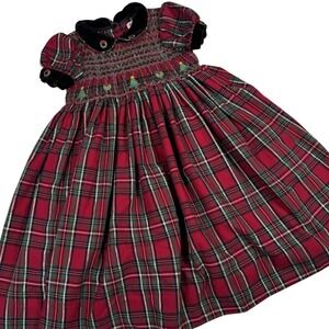 VTG Girls L/ 6 Red Plaid Dress Christmas Smock Embroidery Holiday Festive Preppy